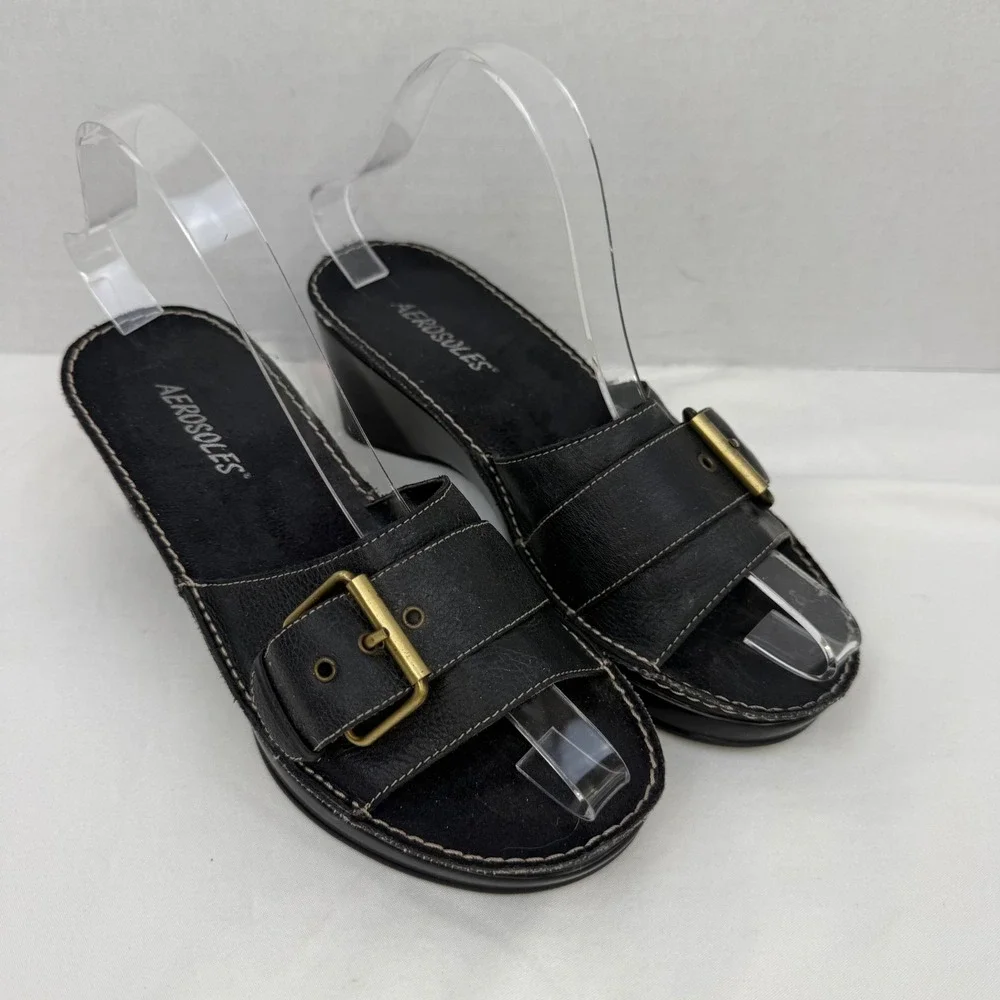 Vintage Y2K Aerosoles Black Leather Wedge Slide Sandals Buckle Detail Womens 6.5